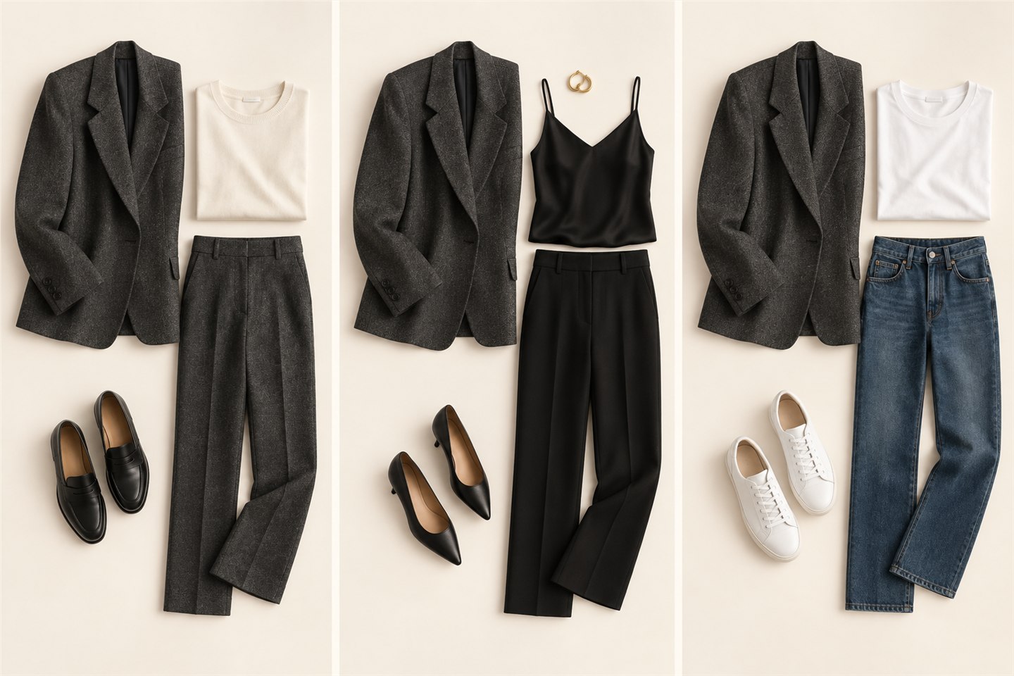 Three AI-concept outfit flatlays with a charcoal jacket: ivory knit and loafers for desk, black camisole and heels for dinner, white tee and denim for weekend.